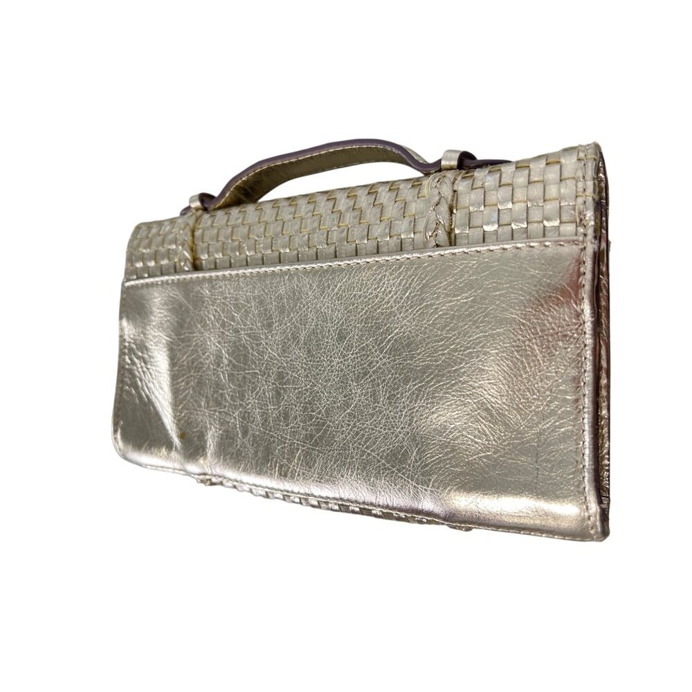 C Wonder by Christian Siriano Woven Leather Clutch Handbag Gold Metallic Party - Picture 4 of 8